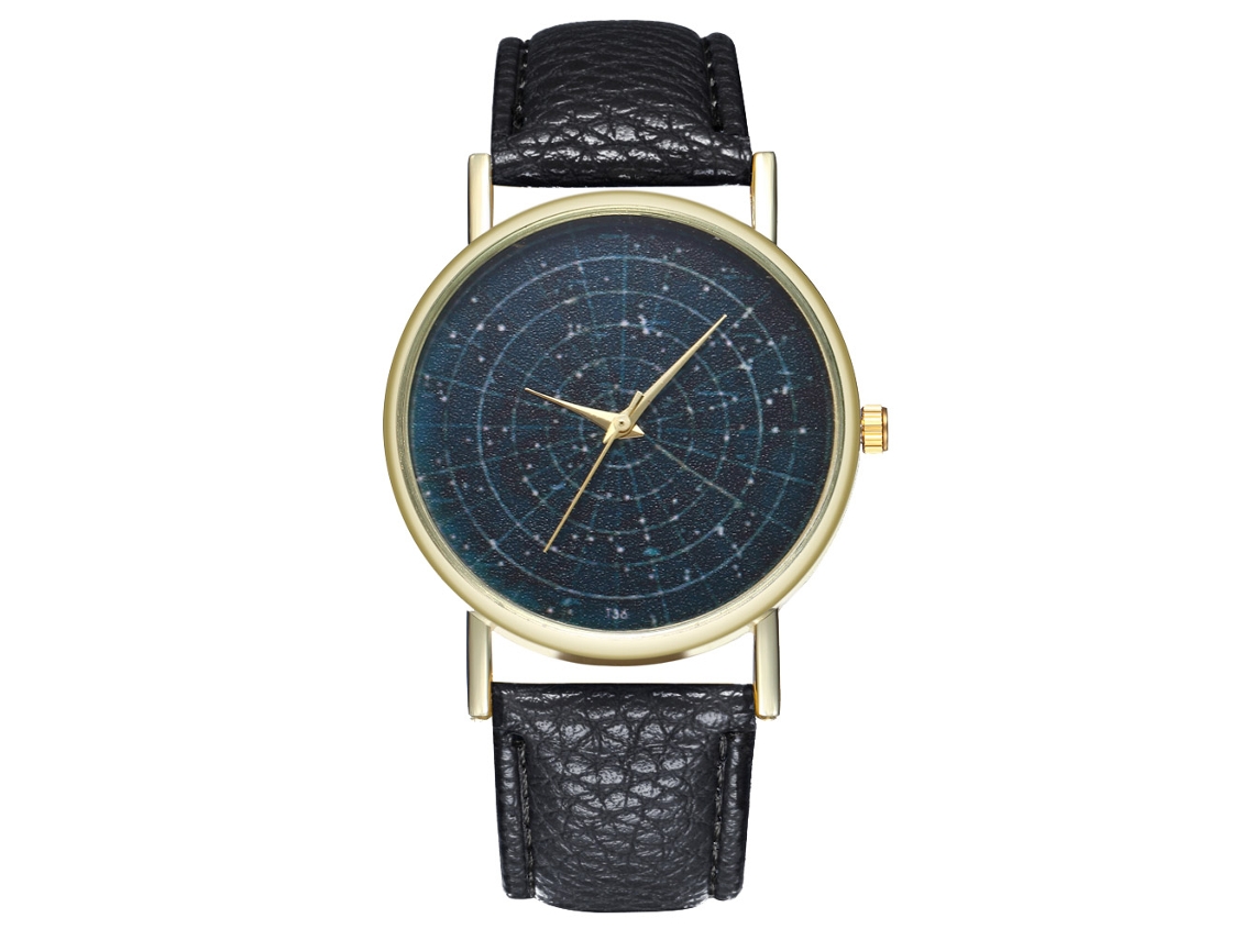 Relógio masculino com mostrador céu estrelado, movimento de quartzo e pulseira de couro preta.