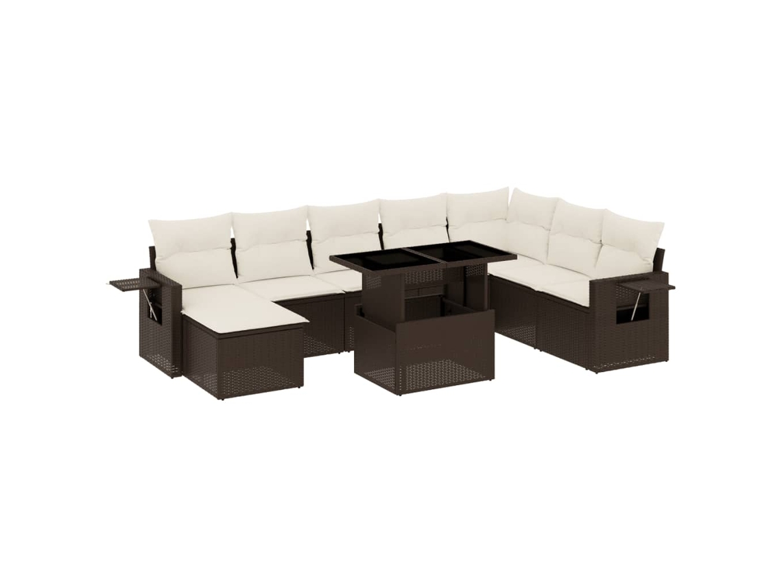Conjunto 9 sofás p/ jardim c/ almofadões VIDAXL vime PE castanho
