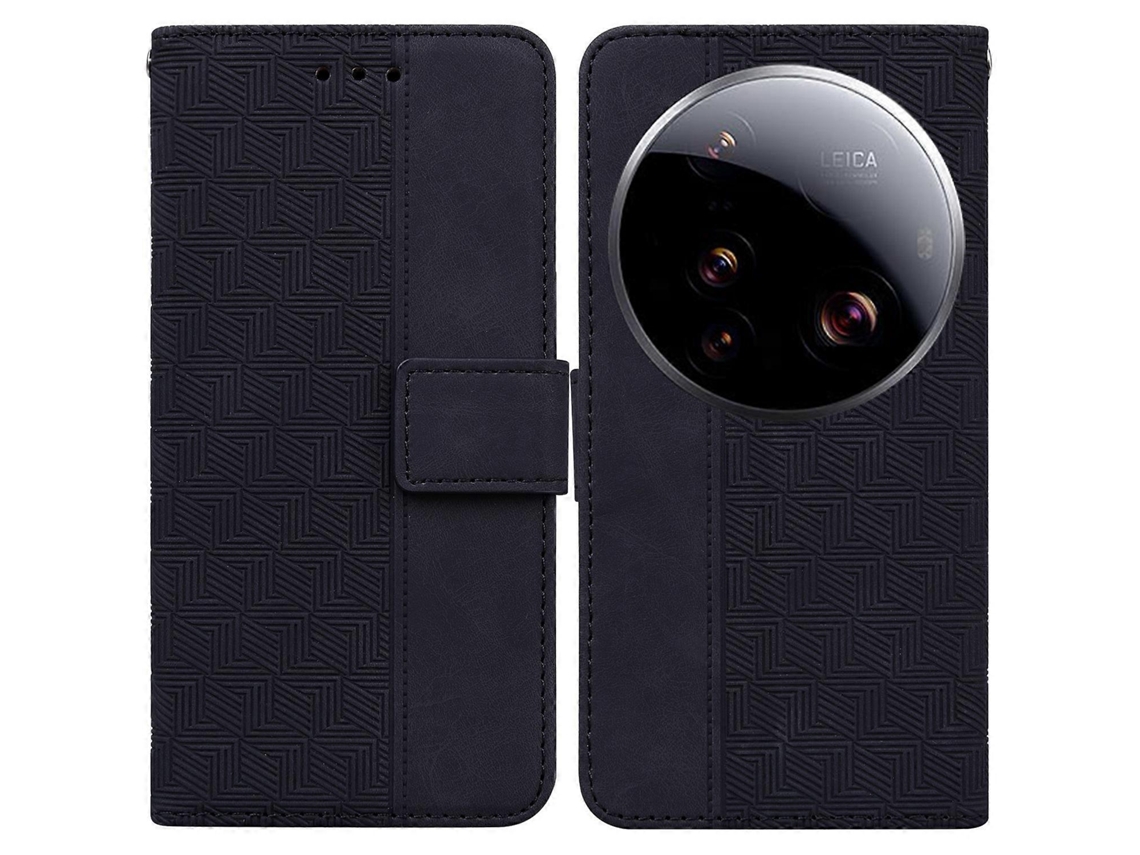 Capa Tipo Carteira De Couro Com Padrão Geométrico E Alça De Pulso Para Xiaomi 15 Ultra, Preta