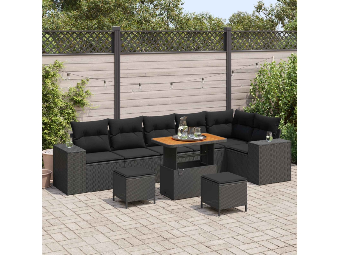 Vidaxl Conjunto de Sofá de Jardim com Almofada 9 Pcs Preto Vime Pe