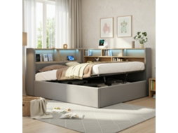 Sofá-cama De 140x200 Cm Com Arrumação Hidráulica, Estofado, Com Led, Usb, Encosto E Revestimento Em Veludo Cinza.