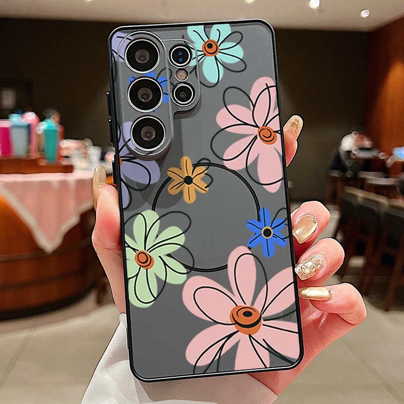 Capa Rígida Magnética Preta Para Celular Samsung Galaxy A26 5g, Com Estampa De Pequenas Flores.