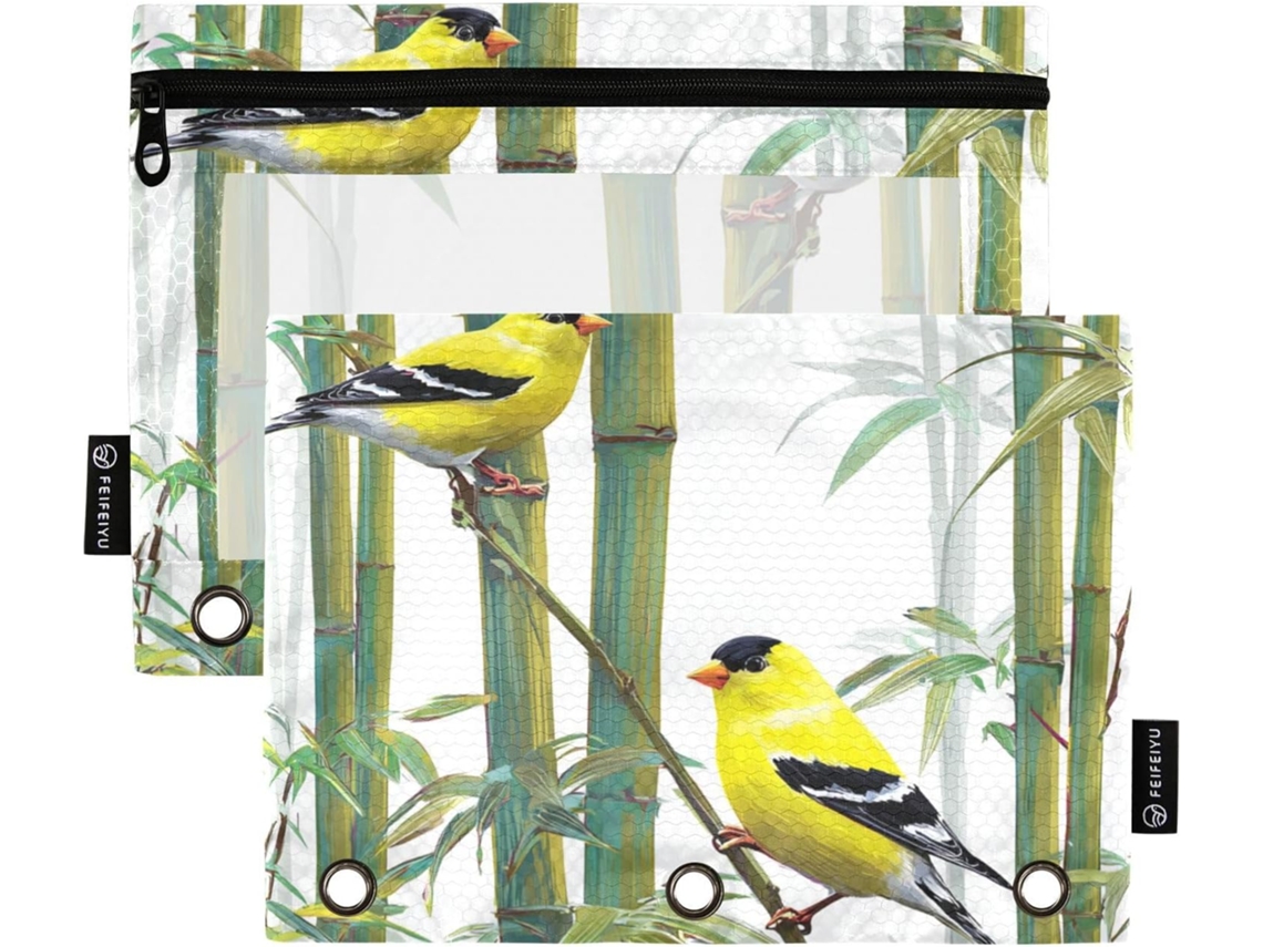 Kit Organizador 3d De Bambu Amarelo Com Estampa Pássaros, Estojo Plástico Lápis Com Janela Transparente E Ilhós