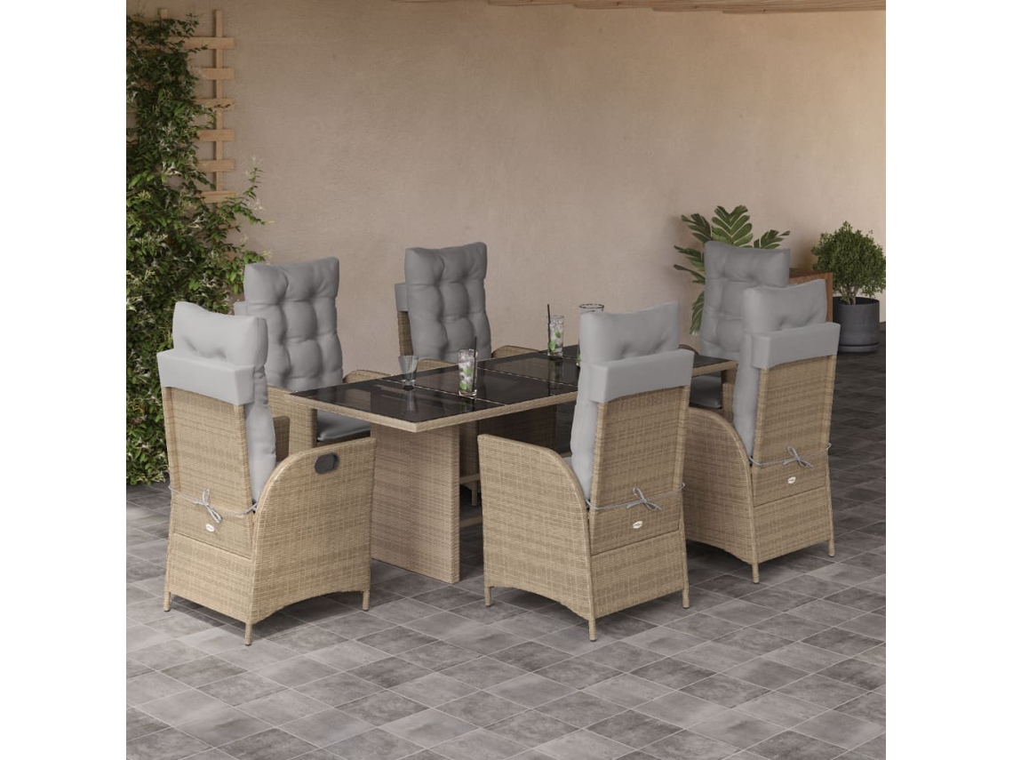 Vidaxl 7 Pcs Conj. Jantar Jardim C/ Almofadões Vime Pe Bege Misturado