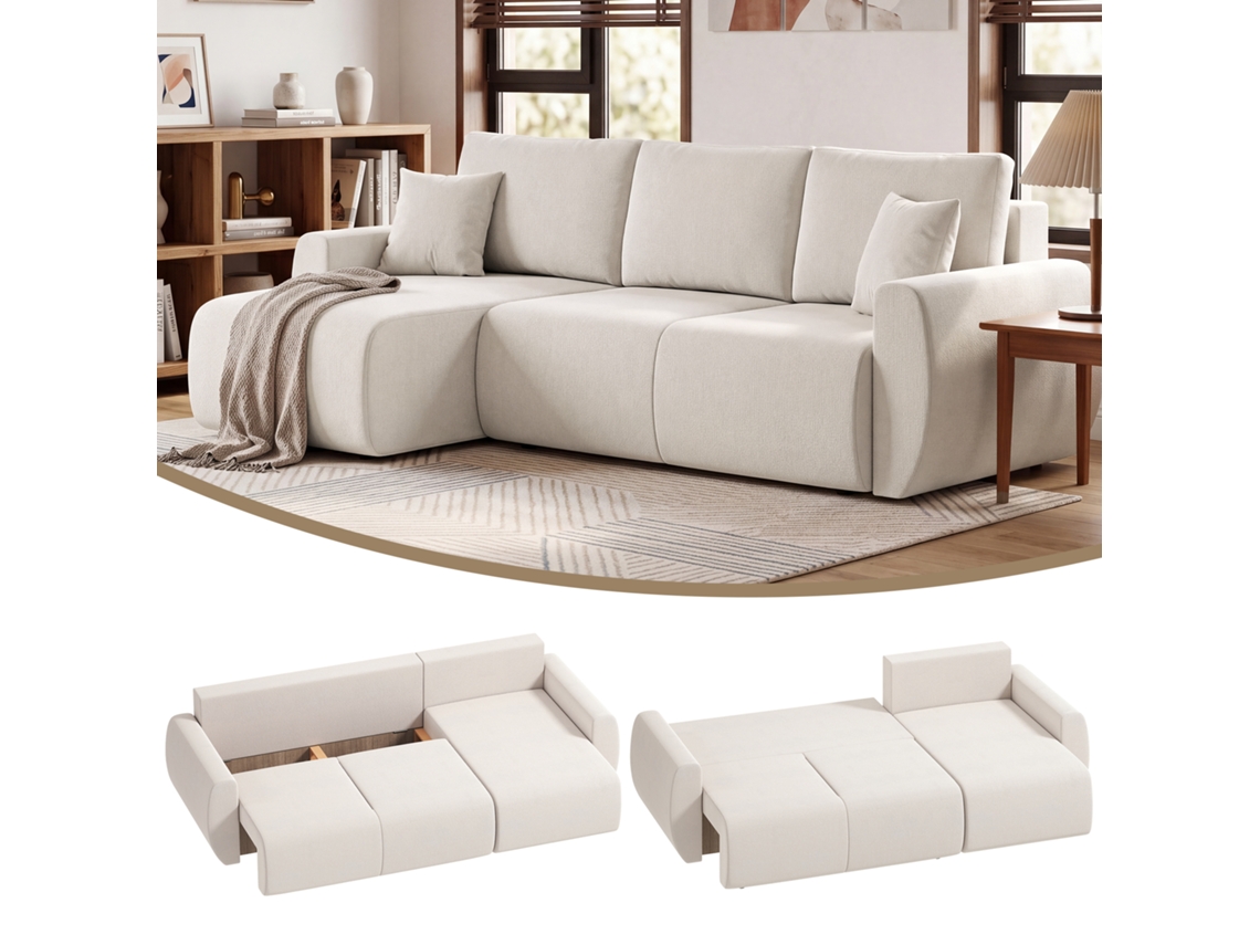 Sofá-cama Com Chaise Longue Reversível, De 3 Lugares Em Formato De L Com Estofamento Em Veludo, Branco Creme.