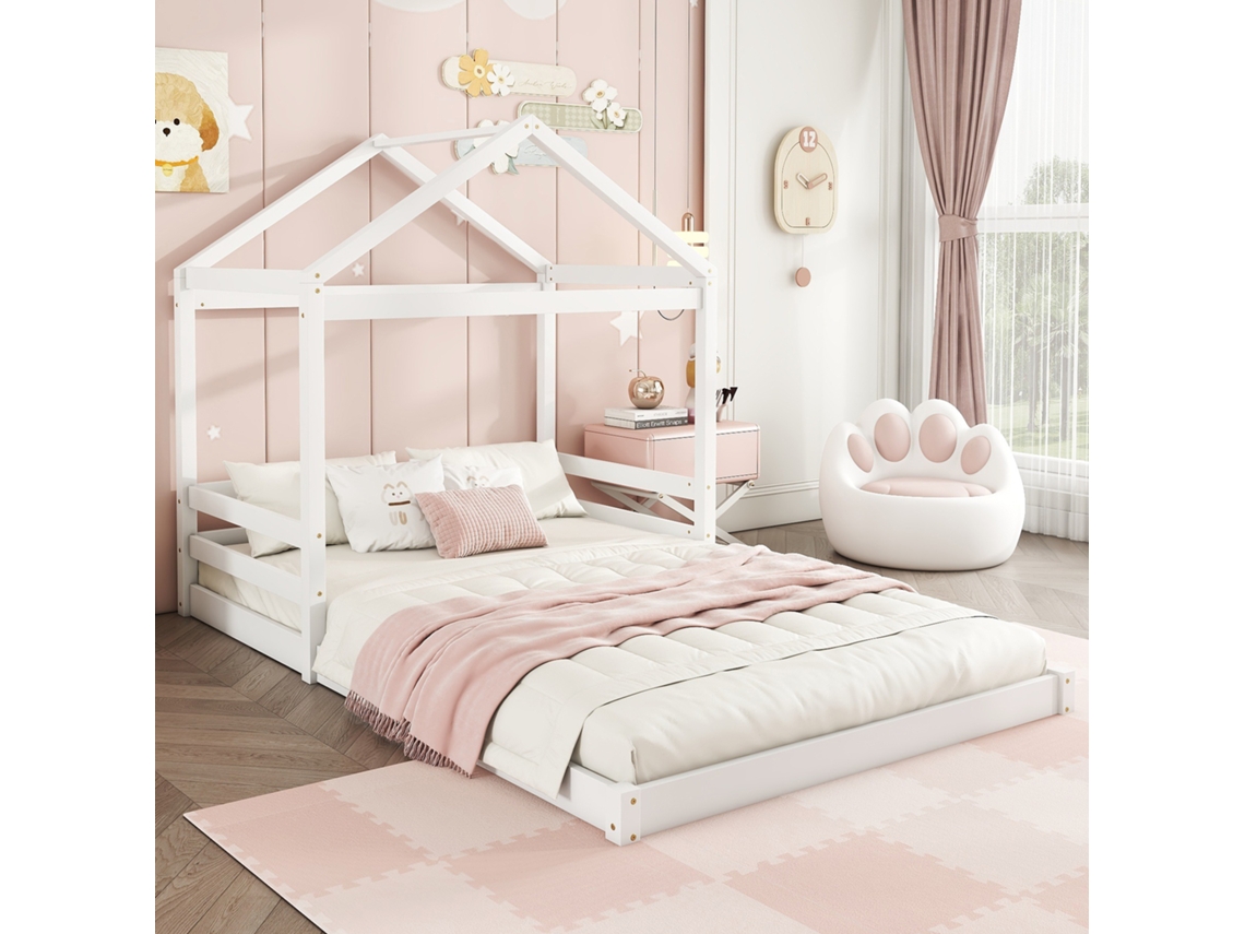 Cama Infantil Casa 140x200 Cm Madeira Pinheiro Branca Sem Colchão