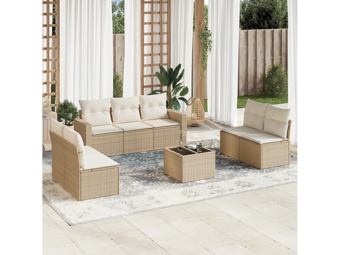 Vidaxl 8 Pcs Conjunto De Sofás P/ Jardim Com Almofadões Vime Pe Bege