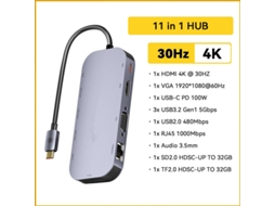 Yizhood 11 em 1 USB Docking Station Suporta Hdmi Vga 4k 30hz Tipo C para Macbook Air Pro Cinza