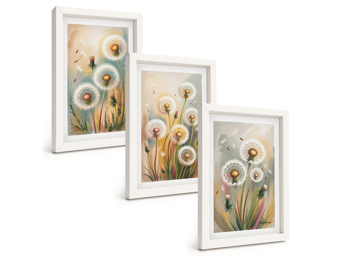 Conjunto De Quadros Com Moldura Flores De Dente-de-leão, Grama Em Tons Pastel Moldura Branca Fotos Para O Escritório Espelharte (3 Peças 20x30 Cm)
