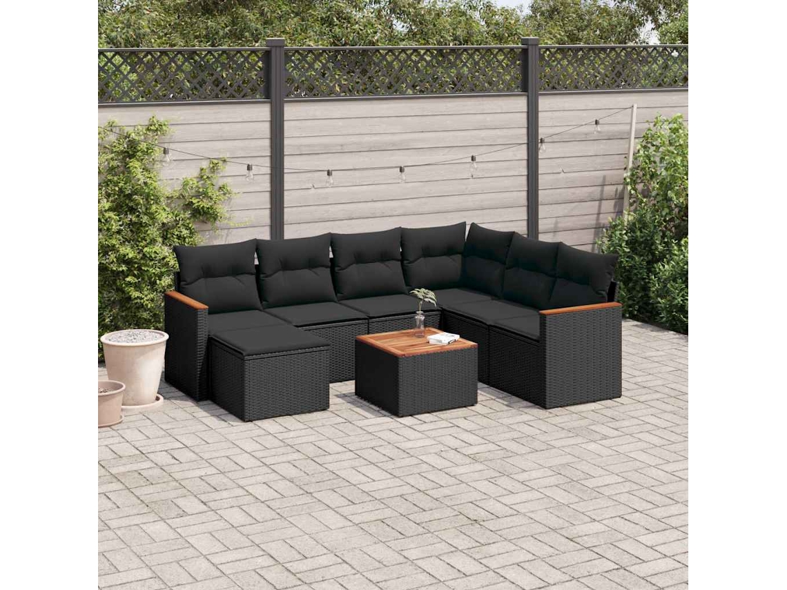 Vidaxl 8 Pcs Conjunto Sofás De Jardim Com Almofadões Vime Pe Preto