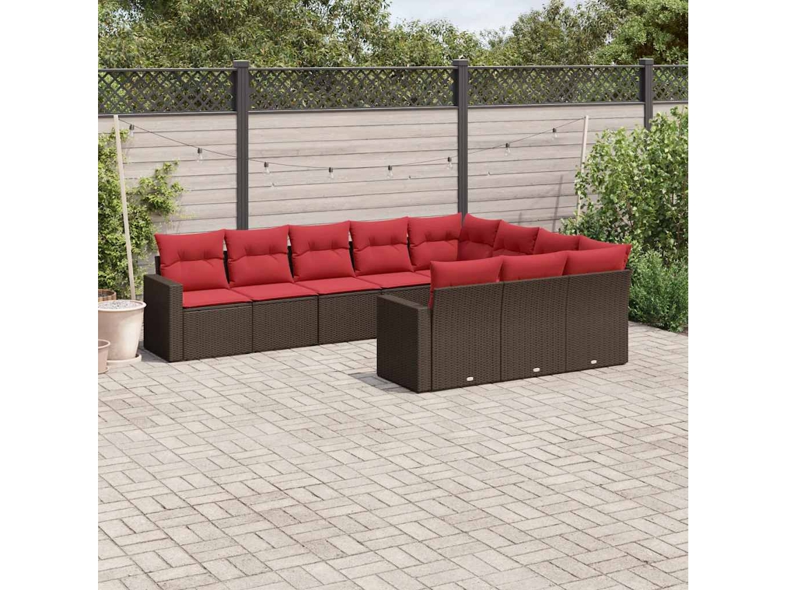Vidaxl 10 Pcs Conj. Sofás Jardim Com Almofadões Vime Pe Castanho