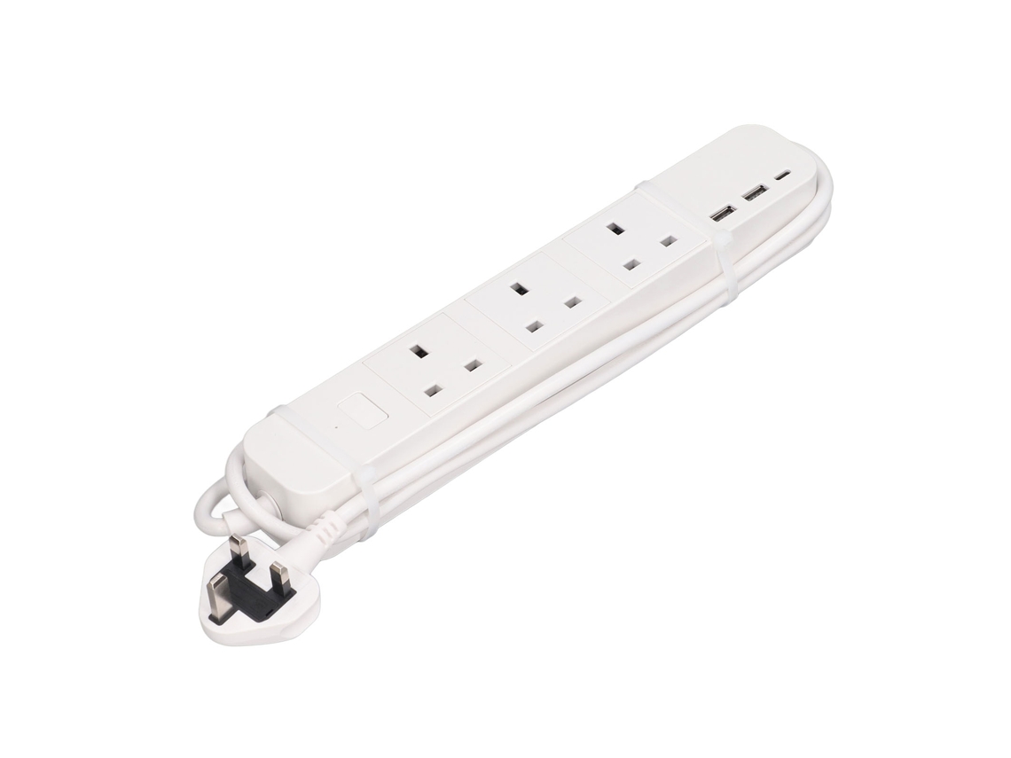 Filtro de linha inteligente com 3 tomadas, 2 USB, 1 Tipo C, controle de voz, branco, cabo de 1,55 m, Wi-Fi, plugue plano, plugue do Reino Unido, CA 100-250 V