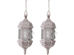 2 Peças De Lâmpada De Velas Pendente Retro Marroquina Portavelas Metal E Vidro Hollow