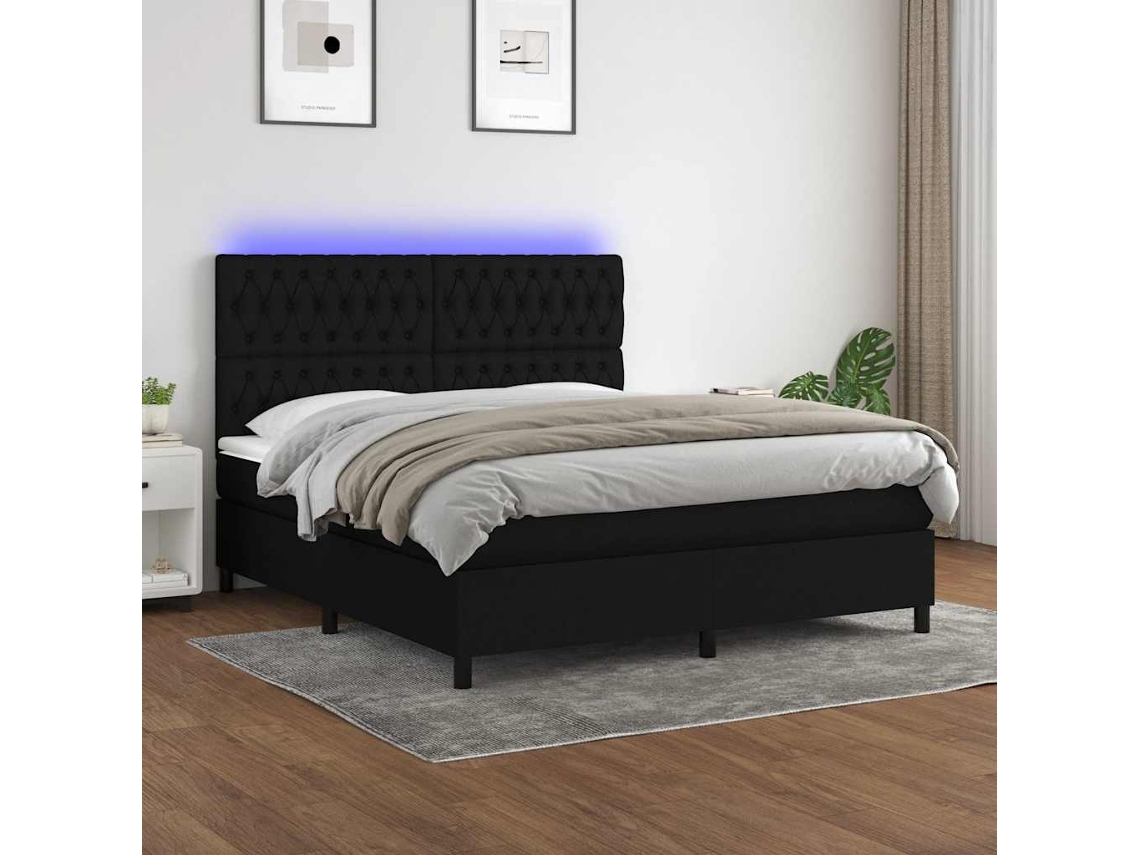 Vidaxl Cama Box Spring C/ Colchão e Led 160x200 Cm Tecido Preto
