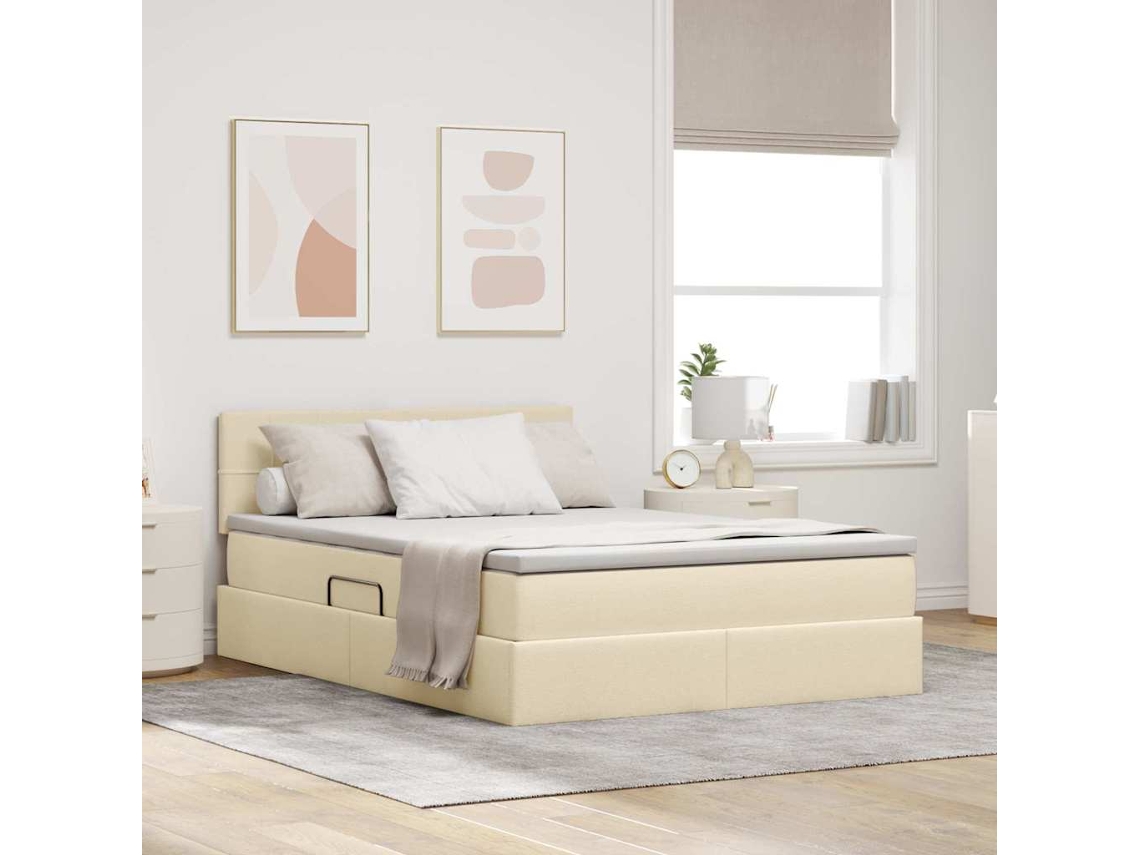 Vidaxl Cama De Armazenamento Led Com Colchão Creme 140 X 200 Cm Tecido