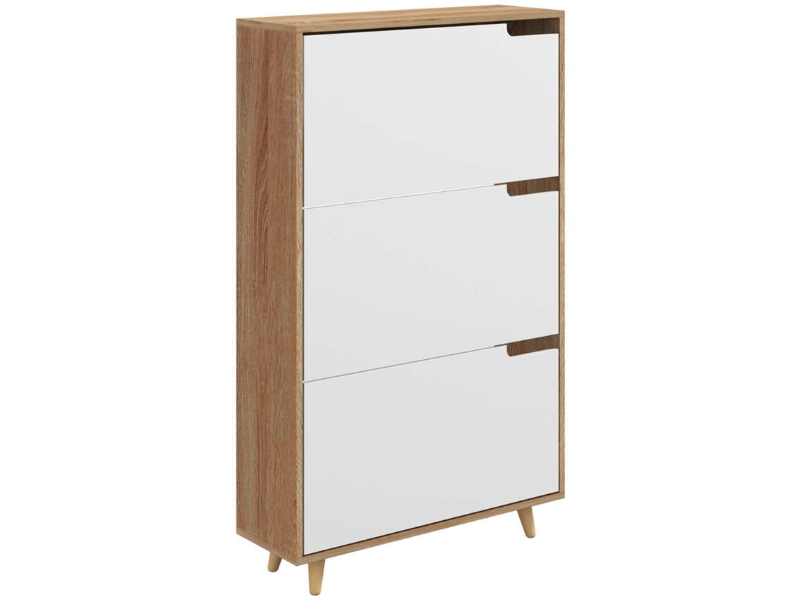 Sapateira CHEZMOI com 3 portas basculantes e prateleira ajustável (72x24x119cm) em natural e branco