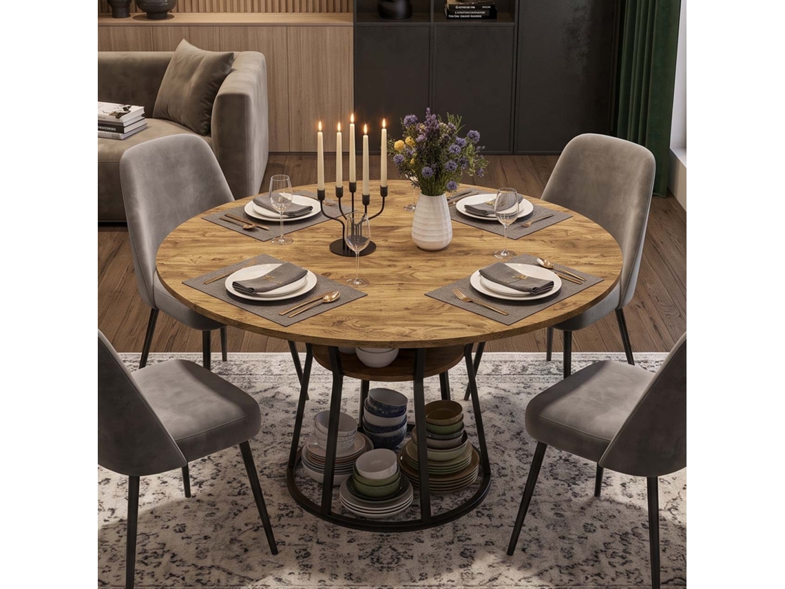 Mesa de jantar redonda industrial Lazyspace, 120x120x75 cm, com prateleira de arrumação e pés metálicos - estilo vintage e madeira preta.