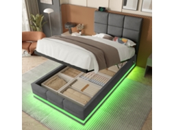 Polsterbett 90x200 Cm Veludo Com Cabeceira Ajustável, Usb/type-c, Led, Sistema Hidráulico, Xxl Armazenamento, Cinza