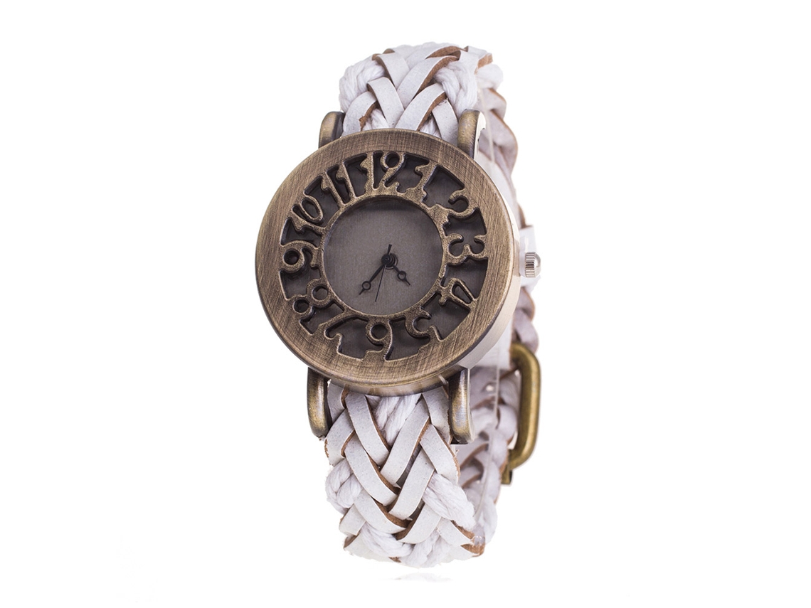 Relógio de pulso vintage de quartzo com mostrador vazado e pulseira de PU trançada para homens e mulheres (branco)