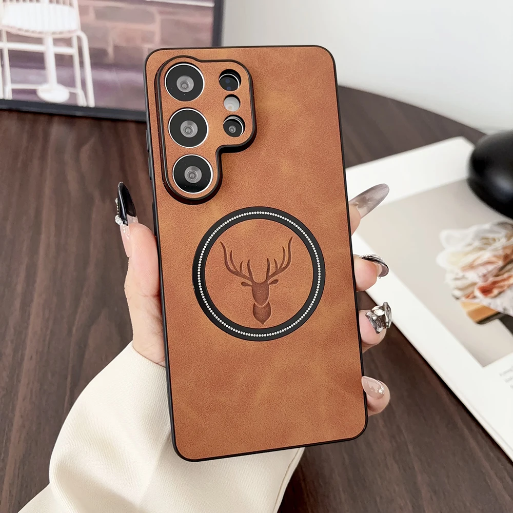 Capa Para Celular Samsung Galaxy S24 Em Couro Pu Com Estampa De Veado (marrom), Compatível Com Carregamento Sem Fio.