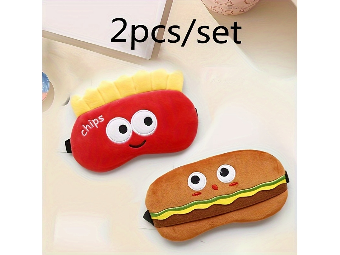 2 Máscaras de Dormir de Pelúcia com Estampa de Batata Frita e Hambúrguer, Acessórios Criativos para Exercícios Físicos em Vermelho e Marrom AQUAFORGE
