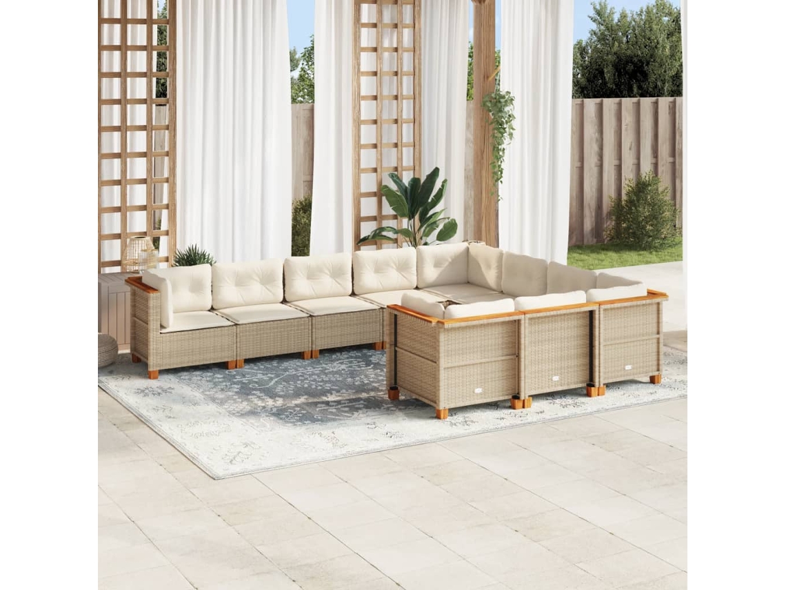 Vidaxl 10 Pcs Conjunto De Sofás P/ Jardim Com Almofadões Vime Pe Bege