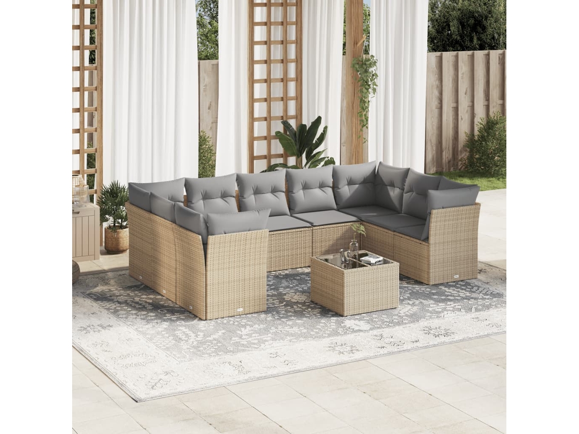 Vidaxl 10 Pcs Conjunto De Sofás P/ Jardim Com Almofadões Vime Pe Bege