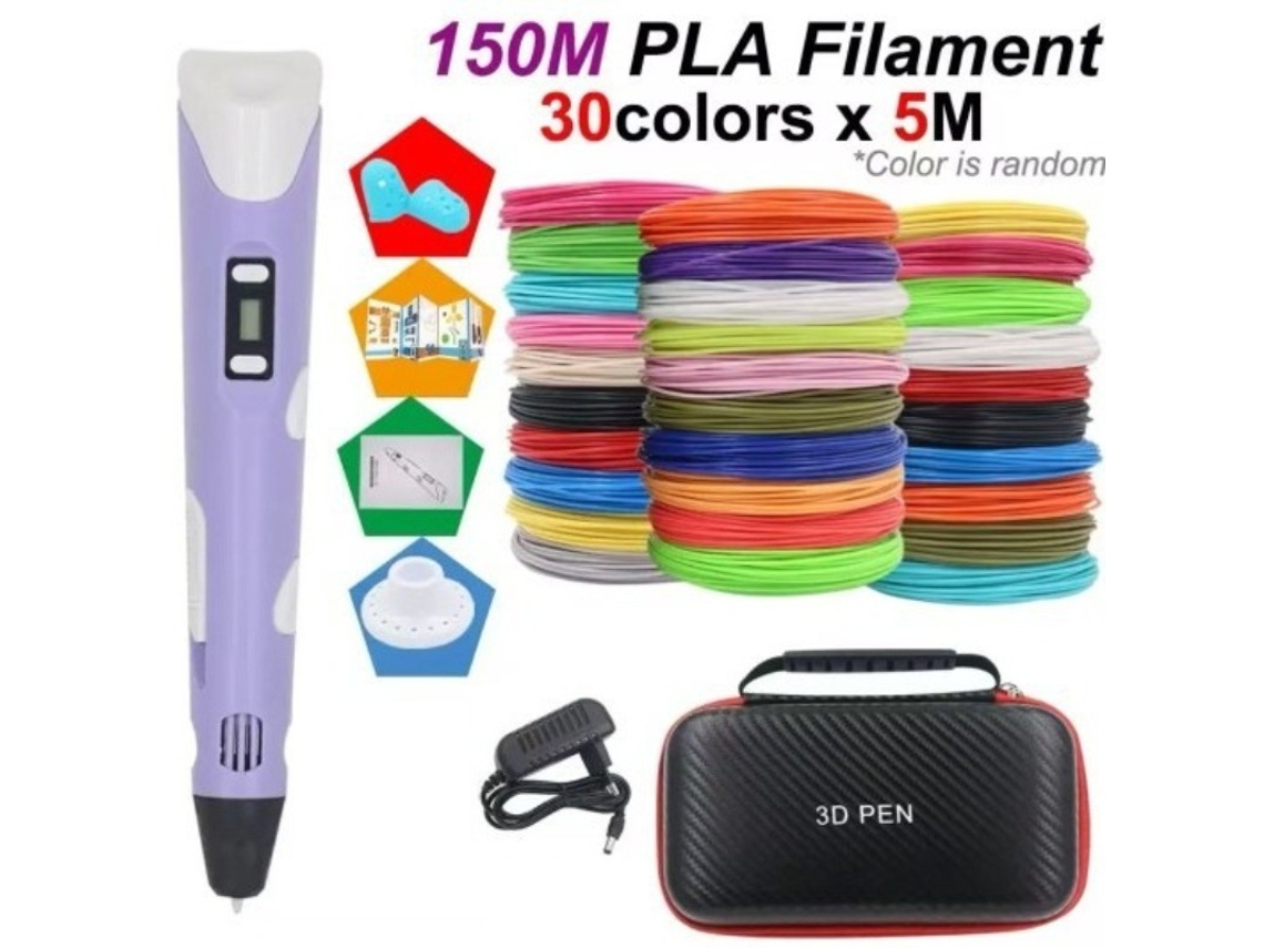 Caneta De Impressão 3d Infantil,temperatura/velocidade Ajustáveis Com Caixa De Armazenamento, 5m X 30 Cores Filamentos Pla, Roxo Digitallab