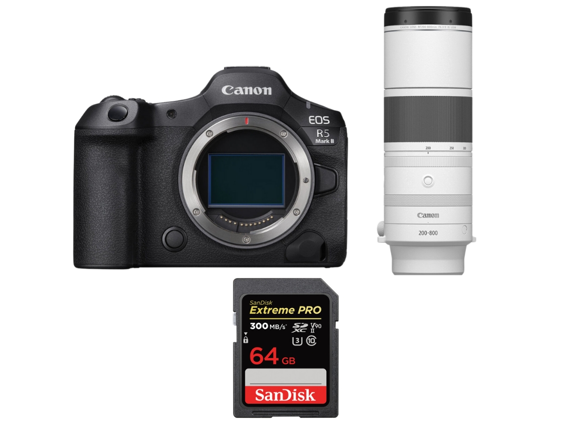 Eos R5 Mark Ii + Rf 200 800mm F/6.3 9 Is Usm + 1 Sandisk 64gb Uhs ii 300mb/s + Ebook “20 Dicas para Fotos Que Impressionam” CANON
