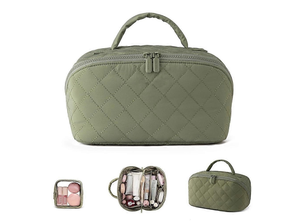 Necessaire De Maquiagem Acolchoada Verde Com Compartimentos Para Viagem
