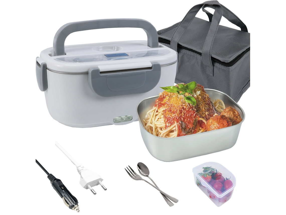 Lancheira Eléctrica Portátil 1,5L para Carro e Casa com Recipiente, Garfo e Colher - Aquecedor de Comida NEVEANCE