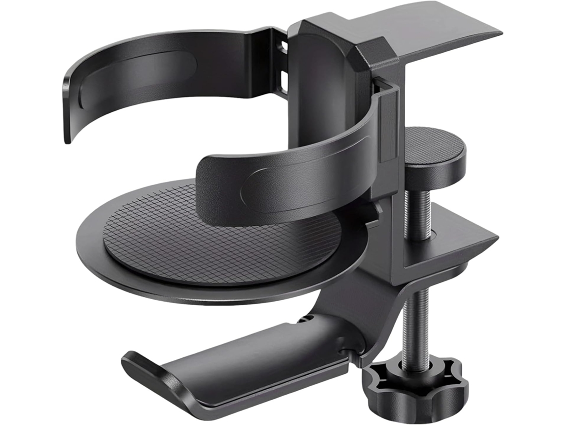Suporte De Mesa Para Copos Com Fones Ouvido, 2em 1, Em Liga De Alumínio Abs Preta, Design Giratório, Base Antiderrapante