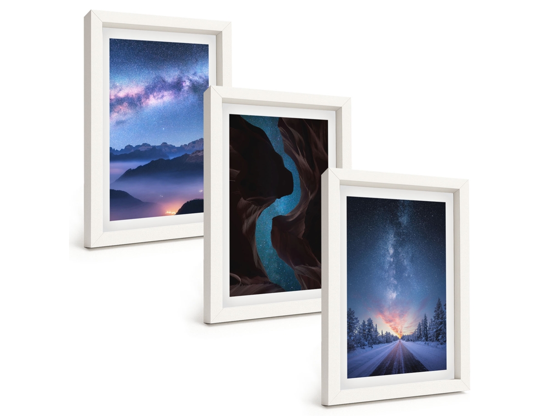 Conjunto De Pinturas Céu Noturno Com Montanhas E Paisagem De Inverno Moldura Branca Quadros Para A Sala De Estar Espelharte (3 Peças 20x30 Cm)