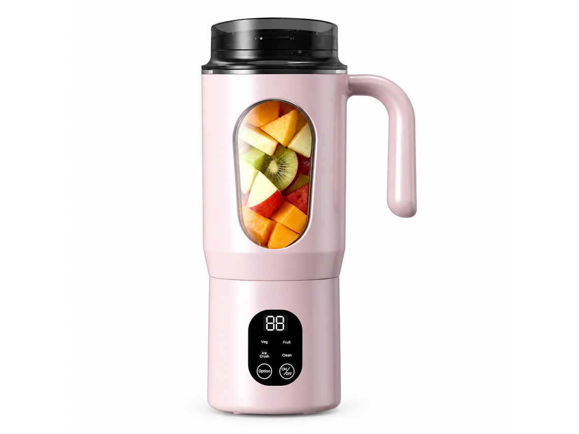 Liquidificador Portátil Recarregável Rosa, Copo Com Pega, 12 Lâminas, 7,4 V, Para Sumos E Batidos