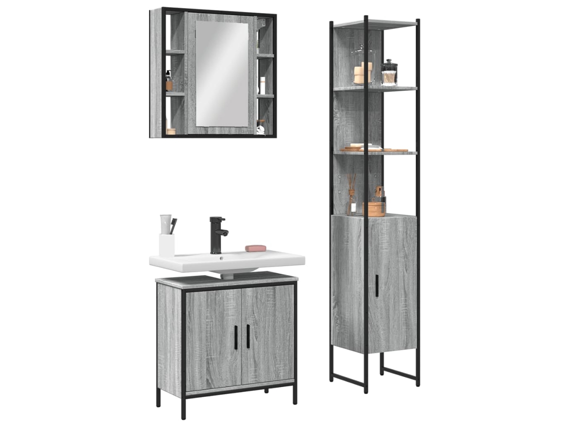 Vidaxl 3 Pcs Conjunto Móveis Wc Derivados De Madeira Cinzento Sonoma