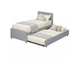 Cama Nido Individual 90x190 Cm Estofada Em Tecido Efeito Linho Com Cabeceira E Estrado Metálico, Cinzento Claro