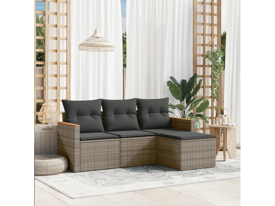 Conjunto de Sofá de Jardim 4 Peças C/ Almofadões Vime Pe Cinzento Dkd Home Decor