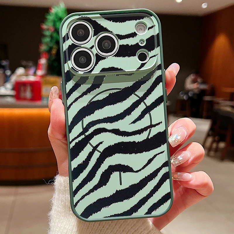 Capa Magnética Para Iphone 16 Pro Max Com Estampa De Leopardo (verde), Protetor De Lente À Prova De Choque.