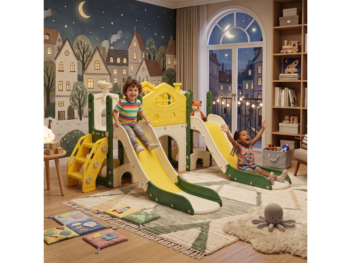 Lazyspace Parque Infantil 7 Em 1 203x166x97 Cm Com Escorrega Duplo Túnel E Telescópio - Amarelo E Verde