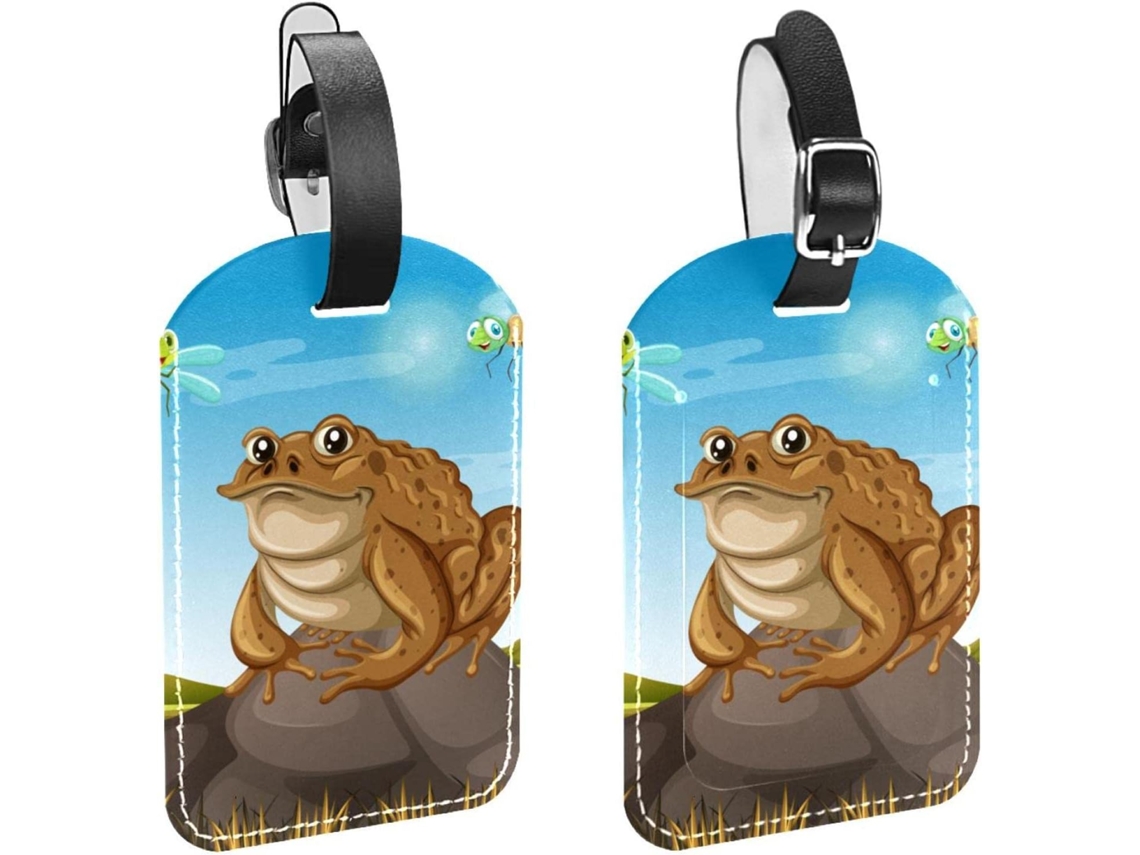 Conjunto De 2 Etiquetas Bagagem Em Imitação Couro Com Estampa Um Sapo Marrom Sentado Uma Pedra