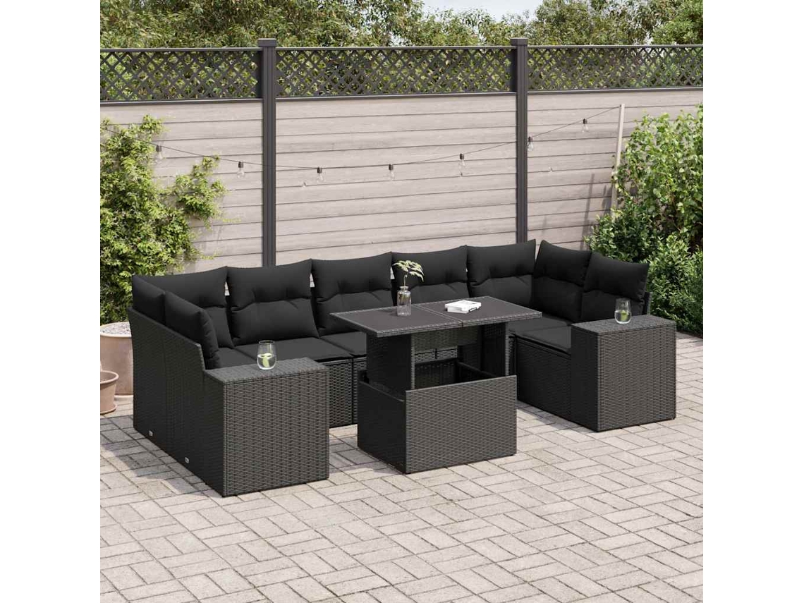 Vidaxl 8 Pcs Conjunto Sofás De Jardim Com Almofadões Vime Pe Preto