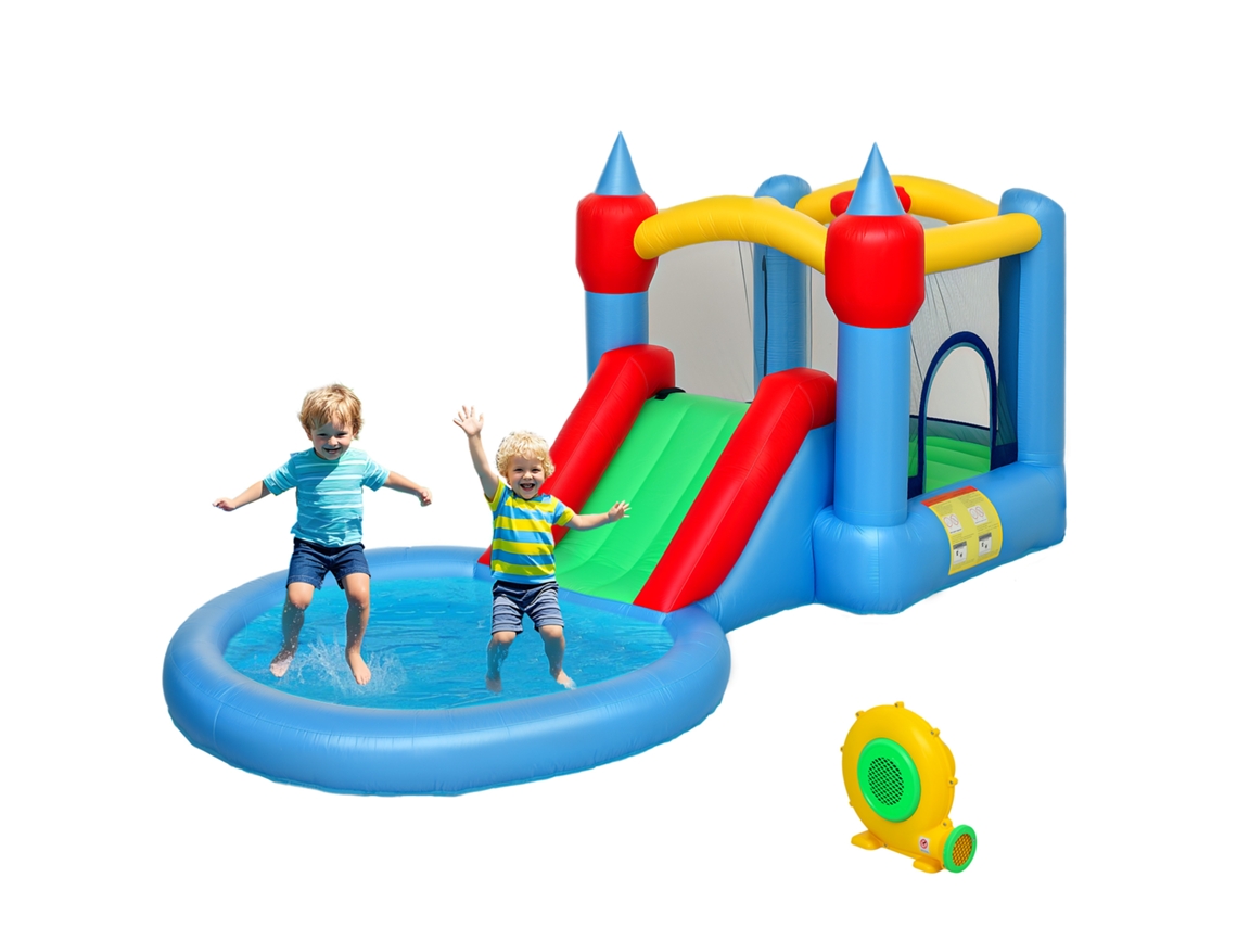 Castelo Inflável 4 em 1 (escorregador, Basquete, Piscina de Bolas, Soprador 370w, 415x205x190cm)