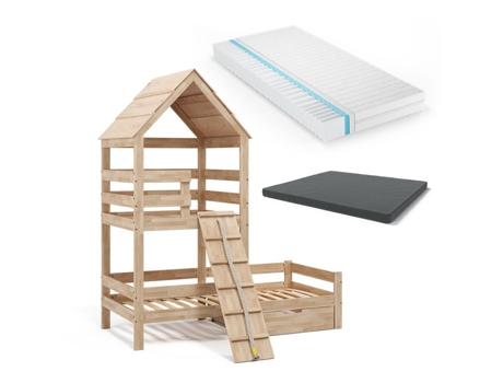 Cama cabine VITALISPA Teddy, madeira natural, 90x200 cm com 2 colchões e gaveta