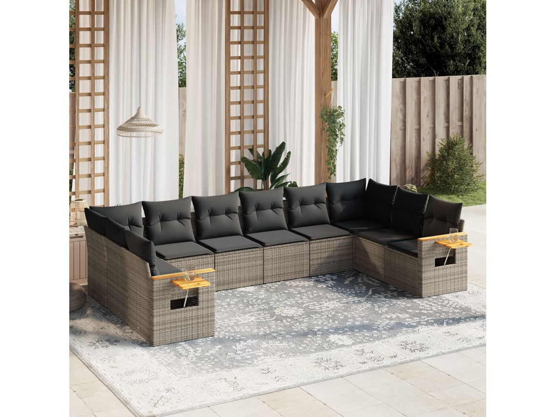 Vidaxl 10 Pcs Conjunto Sofás de Jardim C/ Almofadões Vime Pe Cinzento