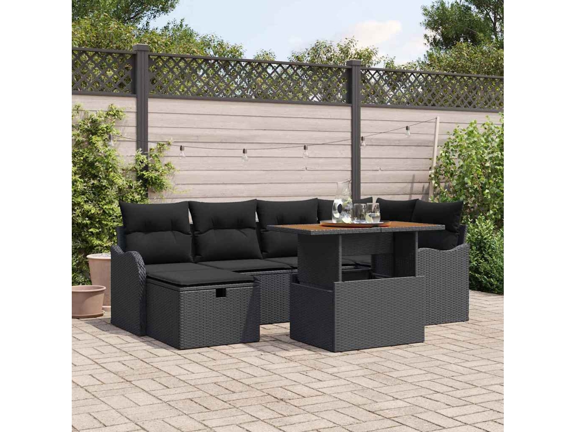 Vidaxl Conjunto De Sofá De Jardim 7 Unid. Preto Vime Pe