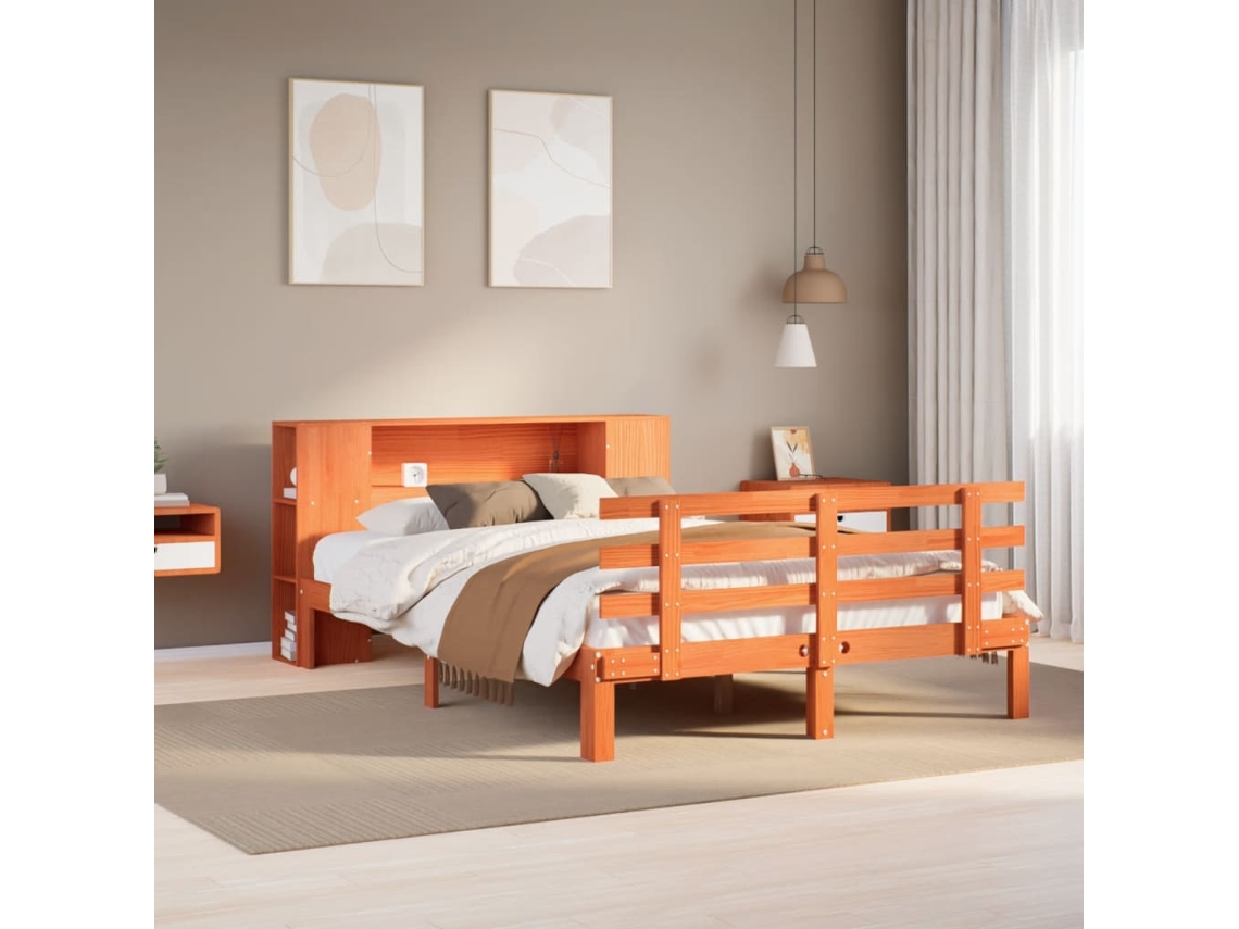 Vidaxl Cama Com Estante Sem Colchão 140x190 Cm Pinho Maciço