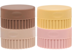 Conjunto de 4 potes de silicone reutilizáveis para cosméticos, ideais para viagens.