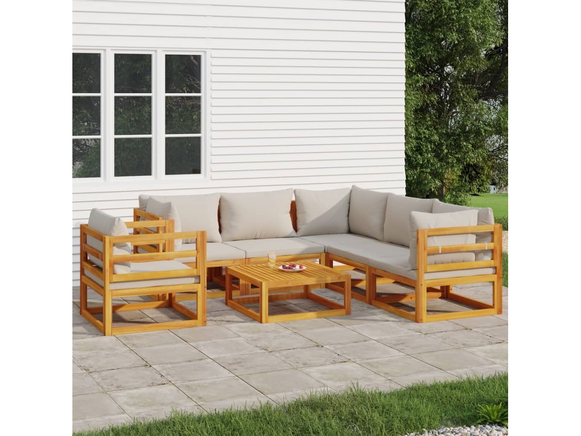 Conjunto Lounge Jardim Madeira 7 pçs C/almofadões Cinza Claro Dkd Home Decor