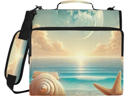 Organizador Seashell Beach Bege com zíper, compartimento para laptop, 3 furos para arquivos e espaço à prova d'água.