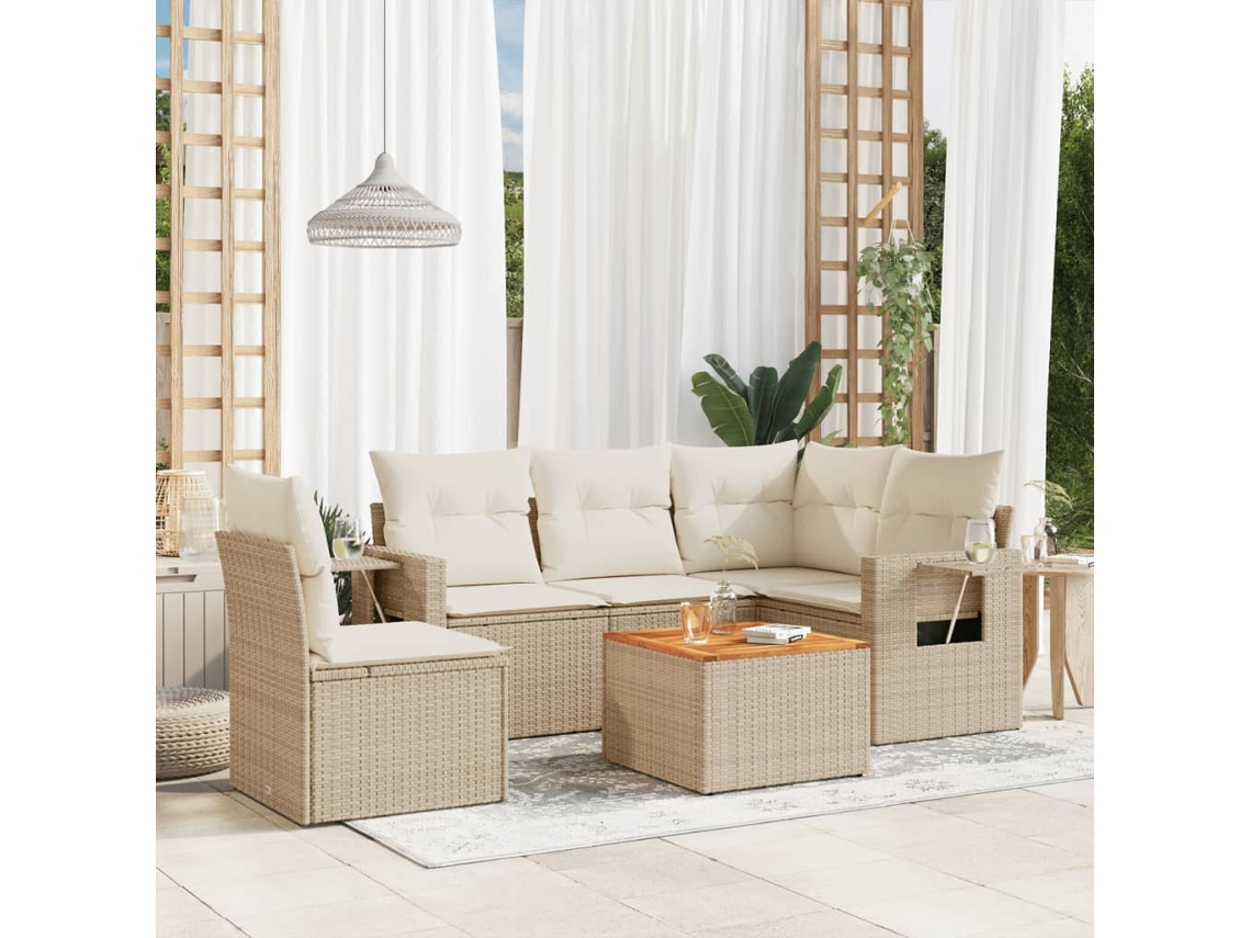 Vidaxl 6 Pcs Conjunto De Sofás P/ Jardim Com Almofadões Vime Pe Bege